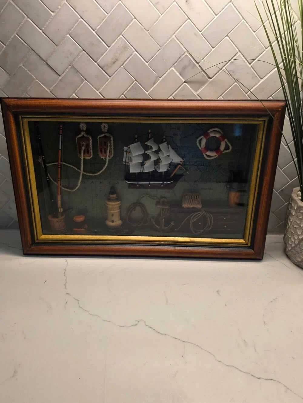 Vintage Nautical Shadow Box Wall Art 3D Clipper Ship Anchor Map Framed 15x10
